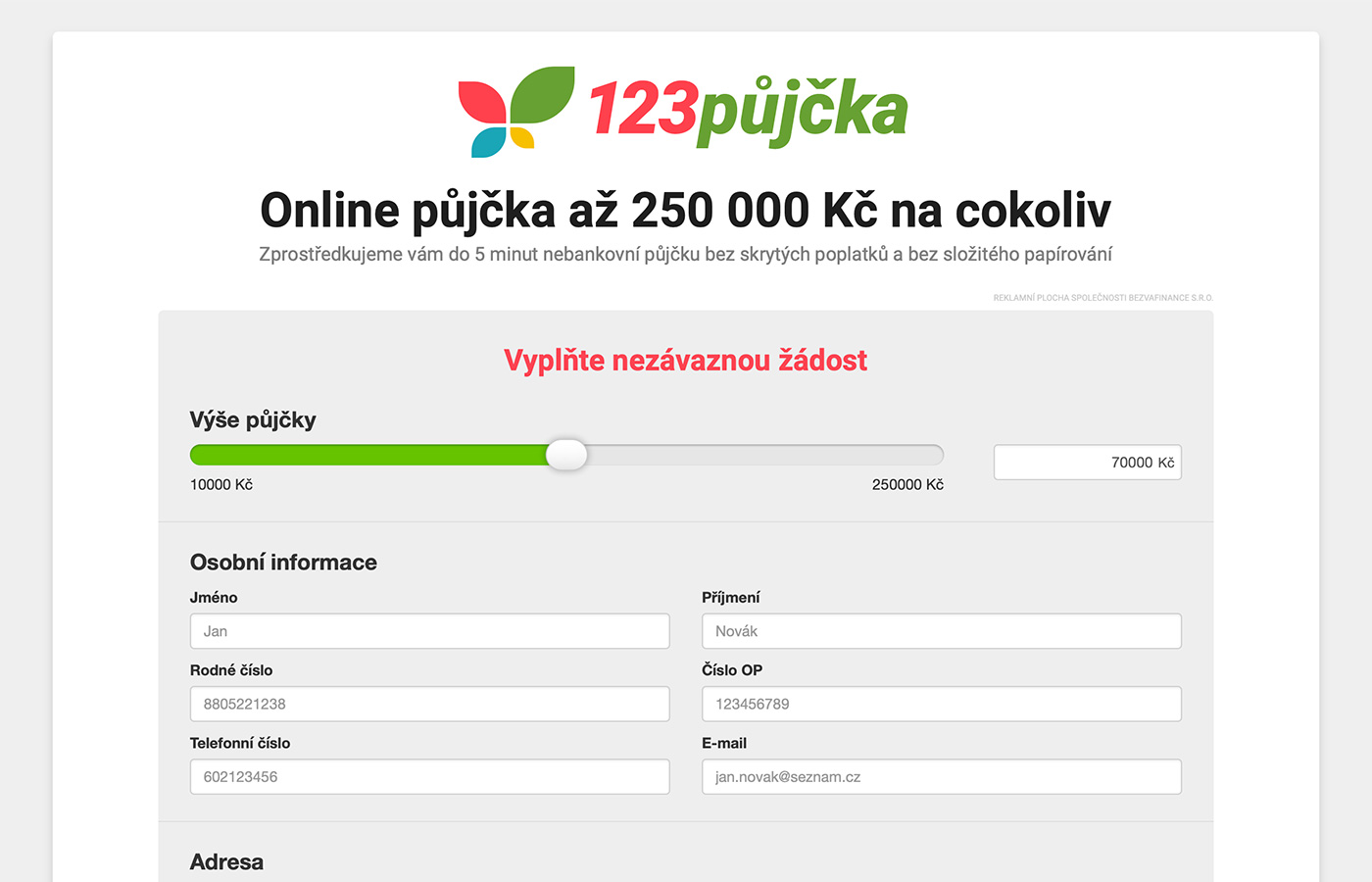 Náhled webu https://www.123pujcka.cz