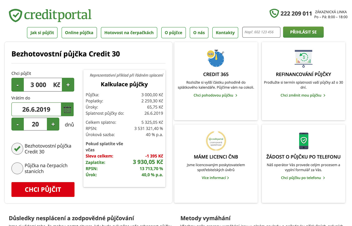 Náhled webu https://www.creditportal.cz/cs/kb/hotovostni-pujcka-na-cerpackach